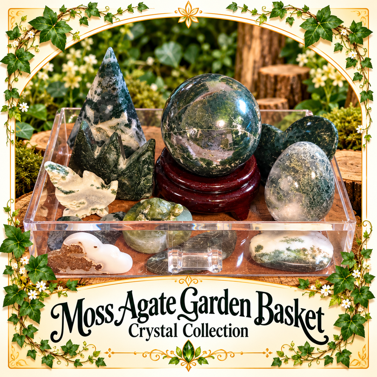Moss Agate Garden Basket botanical cream ivy cover